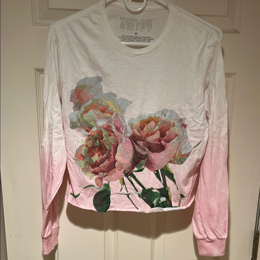 Taylor Swift ombré white/pink sparkly flower 100% cotton long sleeve tee shirt